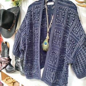 Granny square vibe knit open front cardi/cover up w rustic distressed vibe